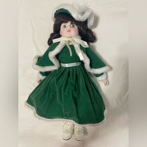 Holiday Doll with Green Velvet Dress, White Trim